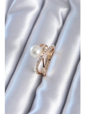 Gold Renk Incili Zirkon Taşlı Kadın Yüzük - Lisinya