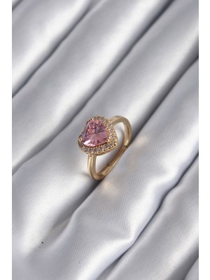 Pirinç Gold Renk Pembe Zirkon Taş Kalp Charm Model Kadın Yüzük - Lisinya