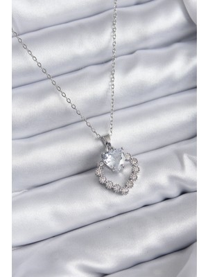 316L Çelik Zincir Gümüş Renk Zirkon Taşlı Kalp Model Kadın Kolye - Lisinya