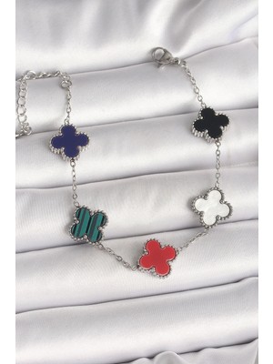 316L Çelik Gümüş Renk Renkli Yonca Model Kadın Bileklik - Lisinya