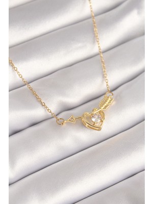 316L Çelik Gold Renk Zincir Zirkon Taşlı Ok Kalp Model Kadın Kolye - Lisinya