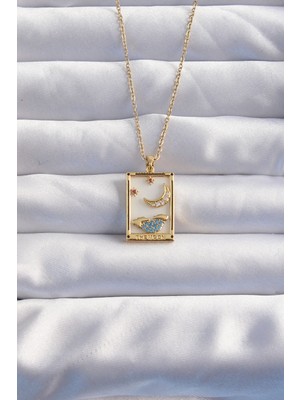 316L Çelik Zincir Gold Renk Ay Detay Mavi Zirkon Taşlı Tarot Kolye - Lisinya
