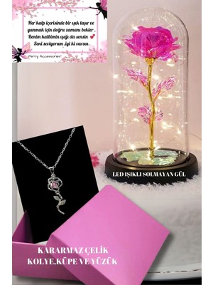 LED Işıklı Solmayan Sonsuzluk Gülü ve Pembe Taş Kararmaz Çelik Kolye Yüzük Küpe Seti