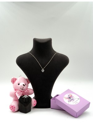 Zirkon Kalp Gümüş Bileklik Kolye Ayıcık Hediye Seti Sevgililer Günü Yıldönümü Hediye.