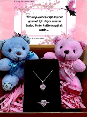 Çift Ayıcıklı Çelik Pembe Kalp Kolye Yüzük Setli Sevgililer Günü Hediyesi Kombin Hediyelik