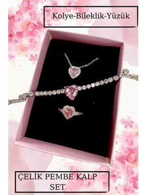 Pembe Kalp Çelik Kolye Bileklik Yüzük Kombin Seti Sevgili Hediyelik Yıldönümü Hediye Konsept Hediye