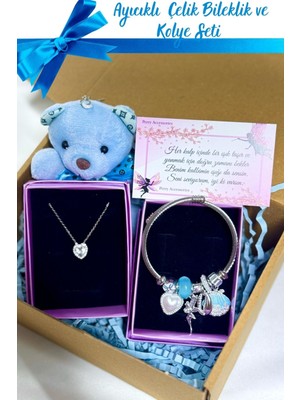 Ayıcıklı Çelik Bileklik ve Kararmaz Çelik Beyaz Kalp Kolyeli Arkadaş ve Sevgili Hediyesi