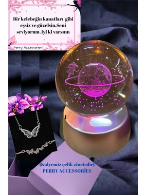 3D Satürn Kız Renk Değiştiren Küre ve Çelik Kelebek Kolye ve Bileklik Seti Sevgili Günü Yıldönümü