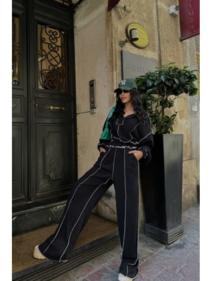 Biyeli Bluz Pantolon Takım Şönil Kumaş - Siyah