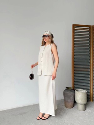 Keten Kolsuz Hırka Etek Ikili Takım- Beyaz