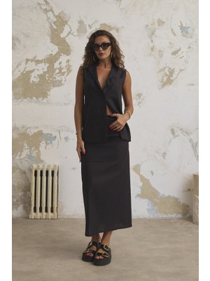 Keten Haki̇m Yaka Kolsuz Gömlek Etek Takim