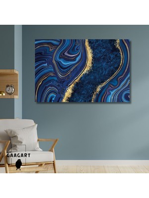 Tekli Yatay Kanvas Duvar Tablosu Lacivert Gold Mermer Deseni