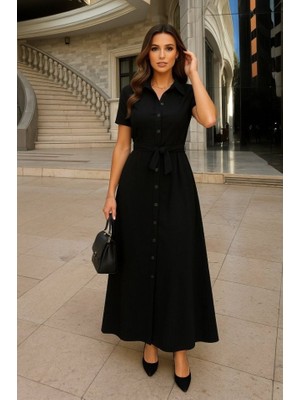 Kadın Kısa Kollu Yakalı Önden Düğmeli Beli Kuşaklı Ithal Keten Elbise