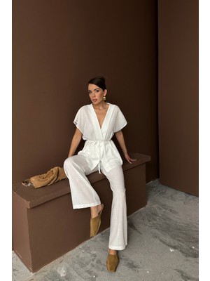 Keten V Yaka Belden Bağlamalı Bluz-Pantolon Takım - Beyaz