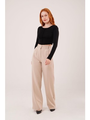 Bol Paça Piliseli Bej Pantolon