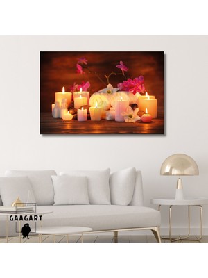 Tekli Yatay Kanvas Duvar Tablosu Pembe Çiçekler Spa Merkezi Mum