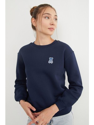 3 Iplik Taş Işlemeli Ayıcık Nakışlı Sweatshirt