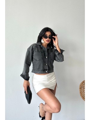 Çift Cepli Kol Katlamalı Süper Taş Enzim Yıkama Crop Kot Ceket Füme D2000