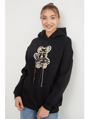 3 Iplik Ayıcık Nakışlı Cepli Kapüşonlu Oversize Sweatshirt
