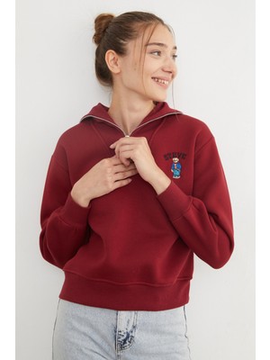 3 Iplik Ayıcık Nakışlı Yarım Fermuarlı Sweatshirt