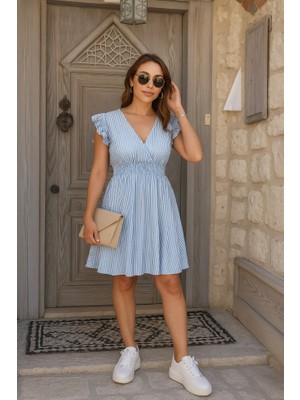 Gökyüzü Moda Kadın Kısa Kollu Kruvaze Yakalı Poplin Elbise