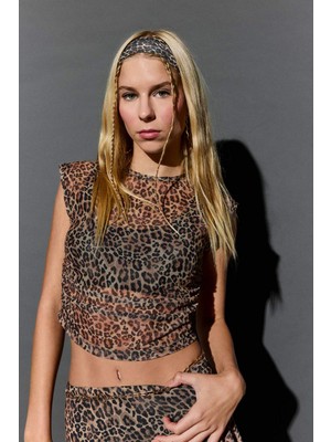 DeFacto Fitted Leopar Desenli Tül Kısa Kollu Tişört G1518AX25AU