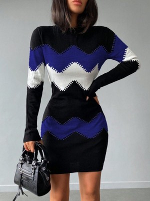 Infivento Kadın Uzun Kollu Zigzag Desen Triko Elbise