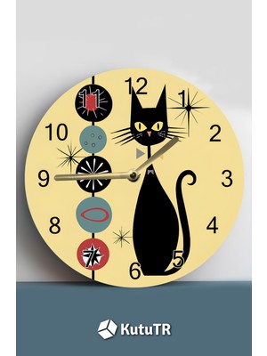 Retro Tarz Siyah Kedi Temalı Mdf Duvar Saati – 33X33 cm SDW454