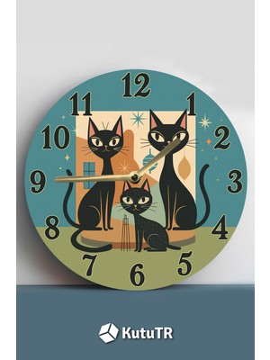 Mdf Duvar Saati Dekoratif Siyah Kedi Temalı – 33X33 cm SDW449