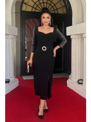 Atlas Kumaş Kolları Taş Detaylı Kalem Elbise - Siyah