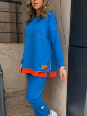 Infivento Kadın Indigo Kapşonlu Etek Ucu Detay Arma Ters Dikiş Gorunumlu Ikili Takım