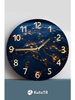 Mdf Duvar Saati Gece Işıltılı Dünya Haritası Tasarım – 33X33 cm SDW412