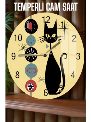 Retro Tarz Siyah Kedi Desenli Temperli Cam Duvar Saati – 33 cm CSDW454