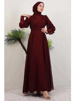 Roza Detay Şifon Elbise Bordo