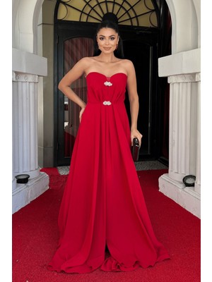 Şifon Kumaş Straplez Abiye Elbise - Kırmızı