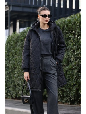 Infivento 5138 Kapitone Uzun Şişme Mont - Siyah