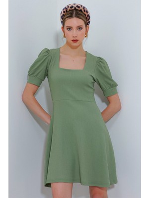 Infivento Çağla Yeşili Kare Yaka Örme Mini Elbise