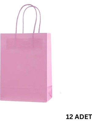 Büküm Saplı Mini Kağıt Çanta SETI-12LI, Parti, Doğum Günü, Hediye Çantaları, 11X15X6 Cm, Pembe Renk