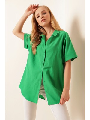 Infivento 20120 Oversize Kısa Kollu Gömlek - Yeşil