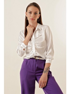 Infivento 20112 Büzgülü Saten Gömlek - Beyaz