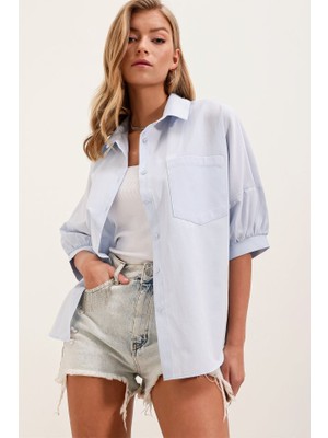 Infivento 20213 Oversize Kısa Kol Basic Gömlek - Bebe Mavi