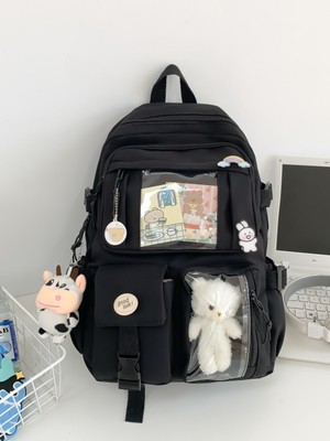 Peluş Ayılı Şeffaf Cepli Sırt Çantası | Lila, Pembe, Siyah, Yeşil, Krem