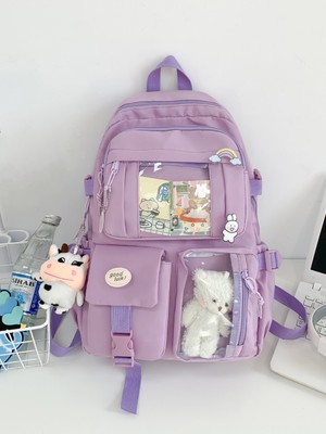 Peluş Ayılı Şeffaf Cepli Sırt Çantası | Lila, Pembe, Siyah, Yeşil, Krem