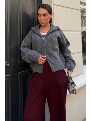 Antrasit Çift Fermuarlı Kadın Triko Hırka MG2532