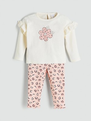 Lcw Baby Ekru Bisiklet Yaka Çiçek Desenli Kız Bebek Bluz ve Tayt 2'li Takım
