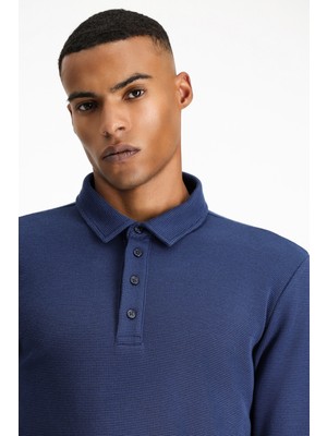 Polo Yaka Slim Fit Dar Kesim Desenli Sweatshirt