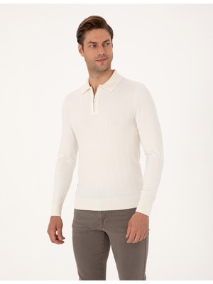 Pierre Cardin Erkek Ekru Regular Fit Polo Yaka Fermuarlı Triko Kazak 50315729-VR019