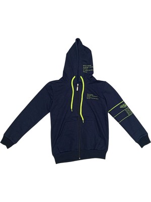 Erkek Çocuk Style Yazılı Kolu Desenli Kapüşonlu Lacivert Hırka