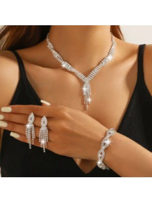 Zirkon Taşlı Sallantılı Işıltılı Gelin Düğün & Davet Takı Seti (Kolye, Küpe, Bileklik)