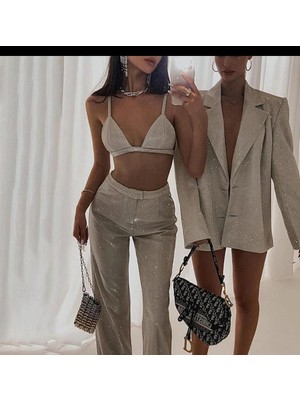 Kadın Simli Ikili Takım Pantolon + Crop , Kadın 2li Takım Pantolon + Büstiyer